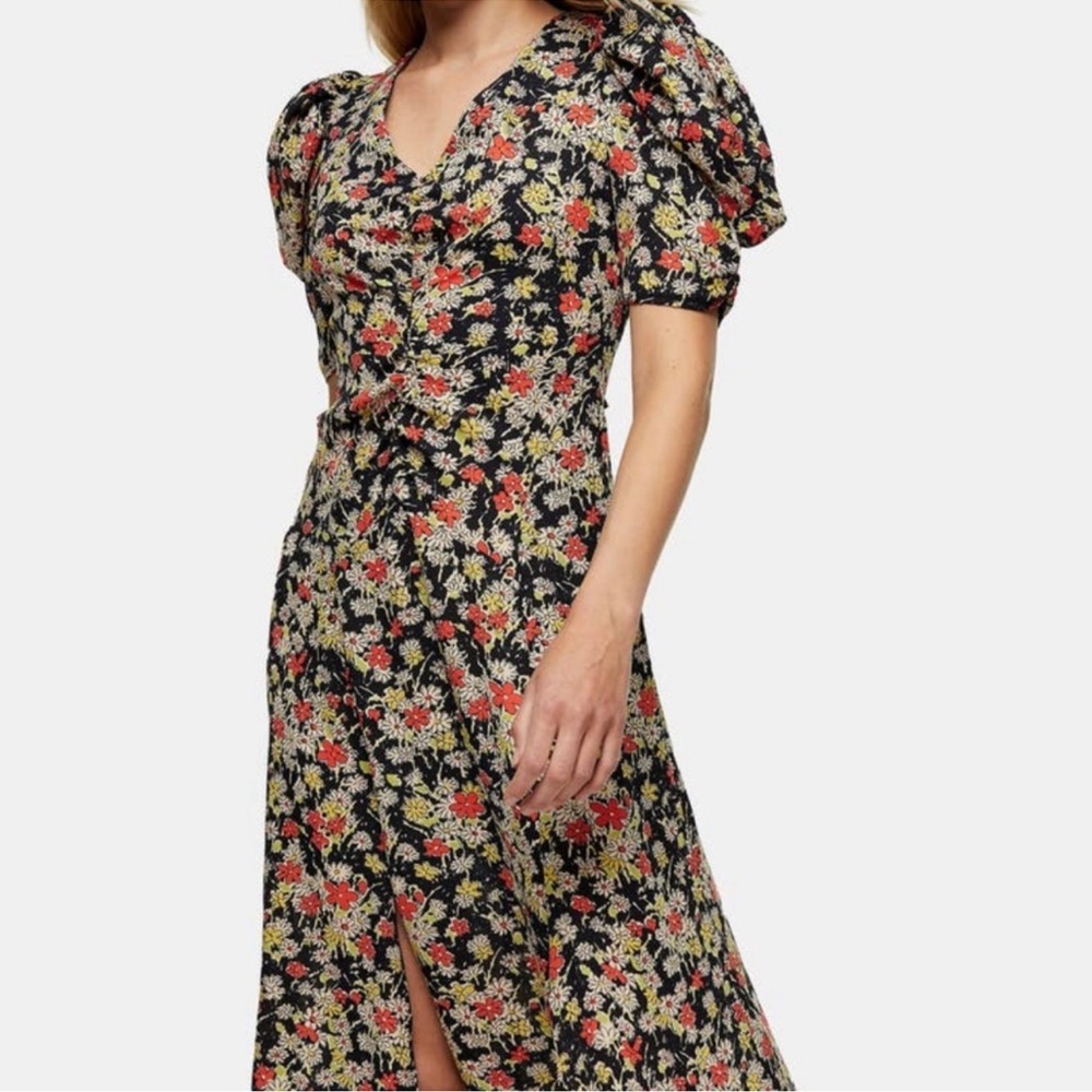 Topshop Black Boho Floral Midi Dress Puff Sleeves Size 4